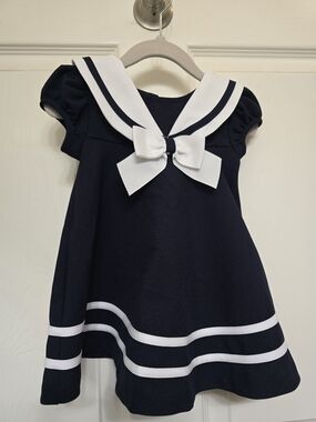 By Bonnie Baby Navy Sailor-Style Girls Dress with White Trim and Bow